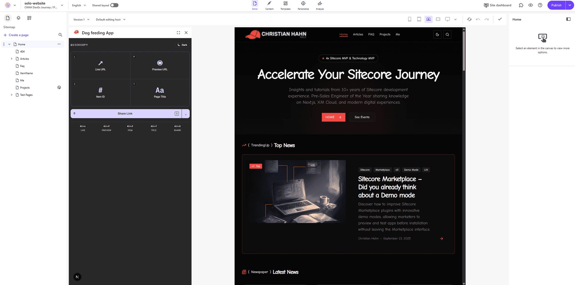 QuickCopy panel inside the SitecoreAI Pages editor